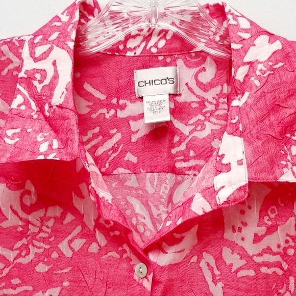 CHICOS DEEP PINK & WHITE BUTTON DOWN Collared Shirt Women's Large 12 Lightweight - Picture 5 of 6